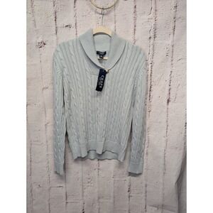 Chaps Light Blue Cable Knit‎ Fisherman's Sweater Women's Size L Shawl Collar NWT
